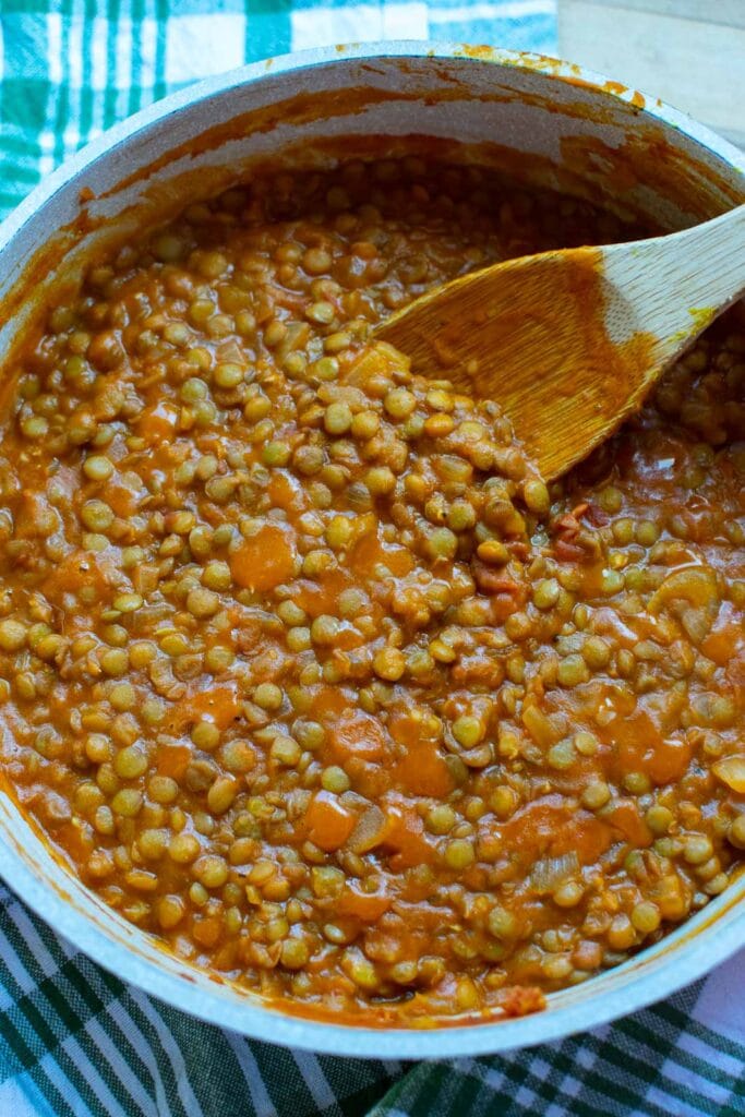 Lentil sloppy Joes made with Chilli Sauce, onions, mustard and dill pickle juice.