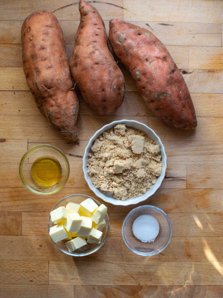 Ingredients to make a caramel mashed sweet potato casserole.