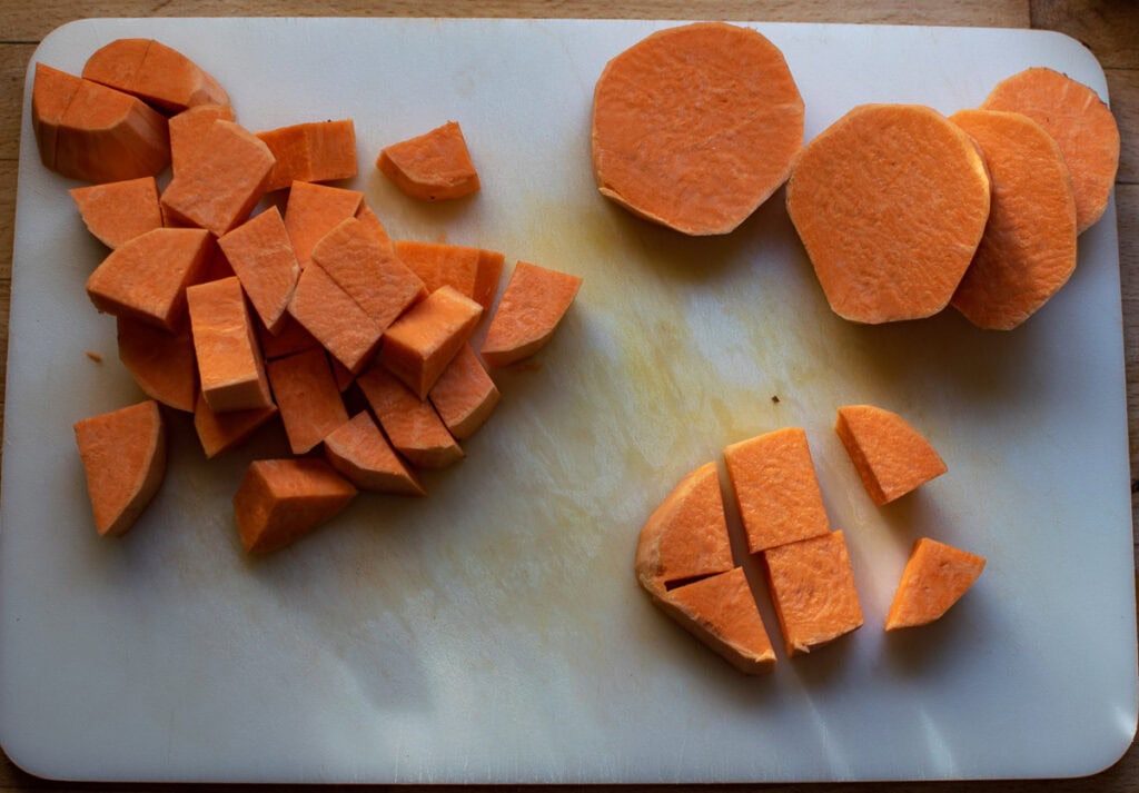 Sweet potatoes cut into rounds and then into cubes.