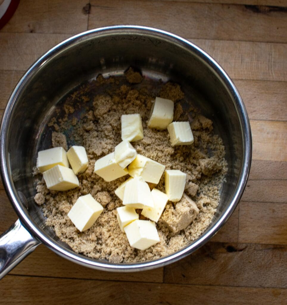 Brown sugar and butter in a sauce pan before boiling.
