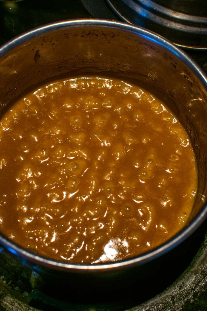Brown sugar and butter brought to a boil on the stove top.