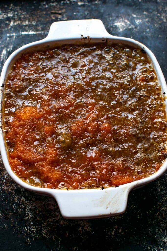 Brown sugar and butter mashed sweet potato casserole right out of the oven.