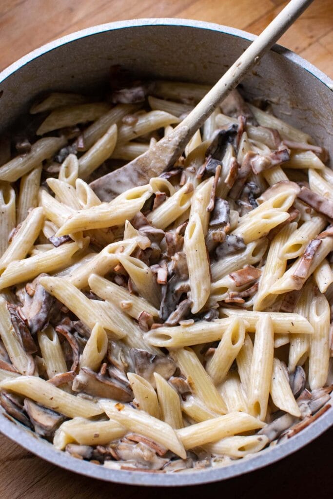 Creamy Mushroom and Bacon Pasta freshly made and still in the frying pan.
