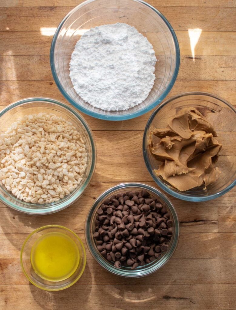 Ingredients to make peanut butter chocolate balls with Rice Krispies