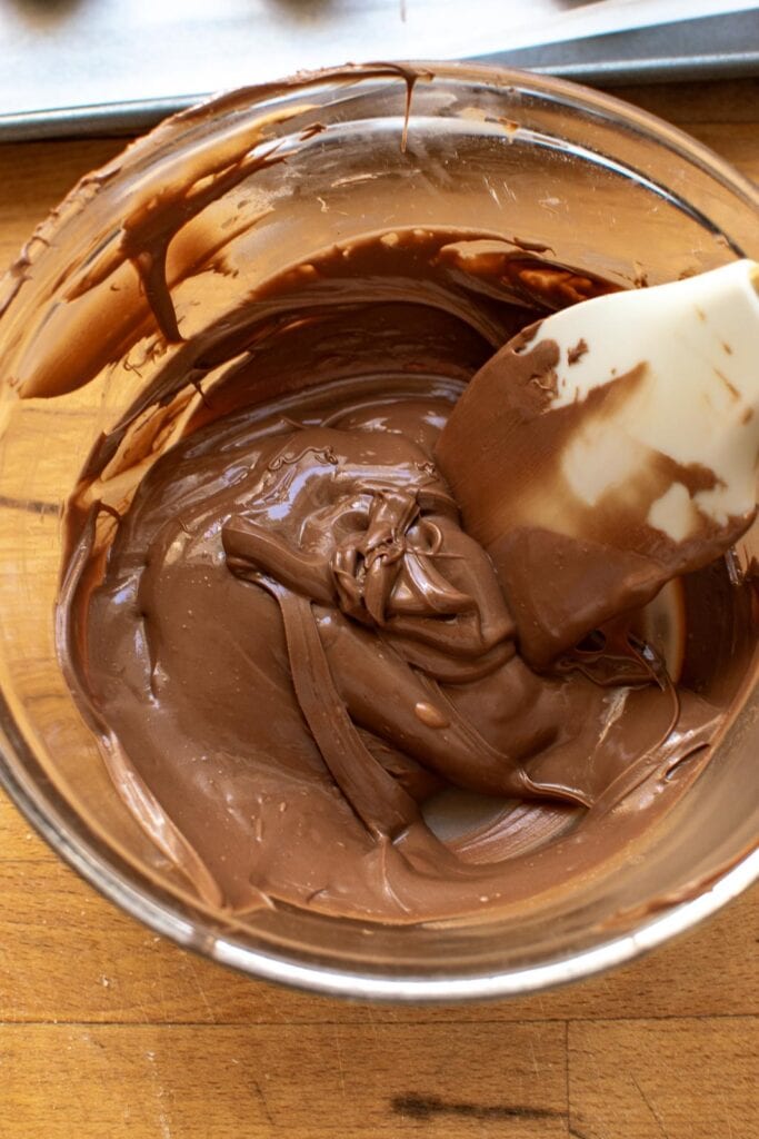 Melted chocolate chips in a glass mixing bowl.