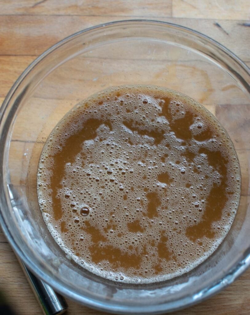Pineapple juice, soya sauce and vinegar whisked into the brown sugar and cornstarch mixture.
