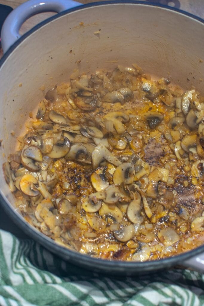 Mushrooms that have been cooked down with chopped onions and seasoned with paprika, salt and pepper.