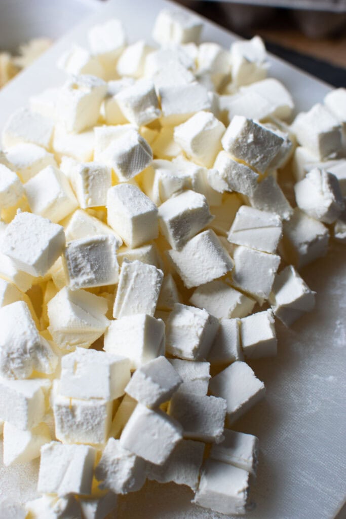 Cream cheese cut into small cubes.