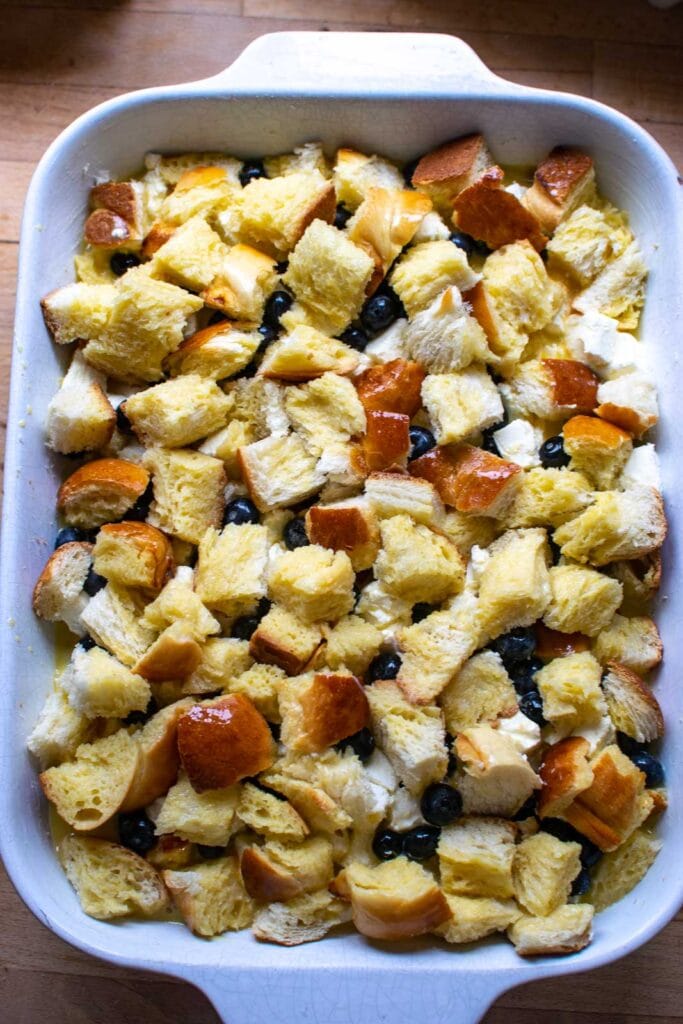 French Toast Casserole soaked with an egg and milk mixture before baking.