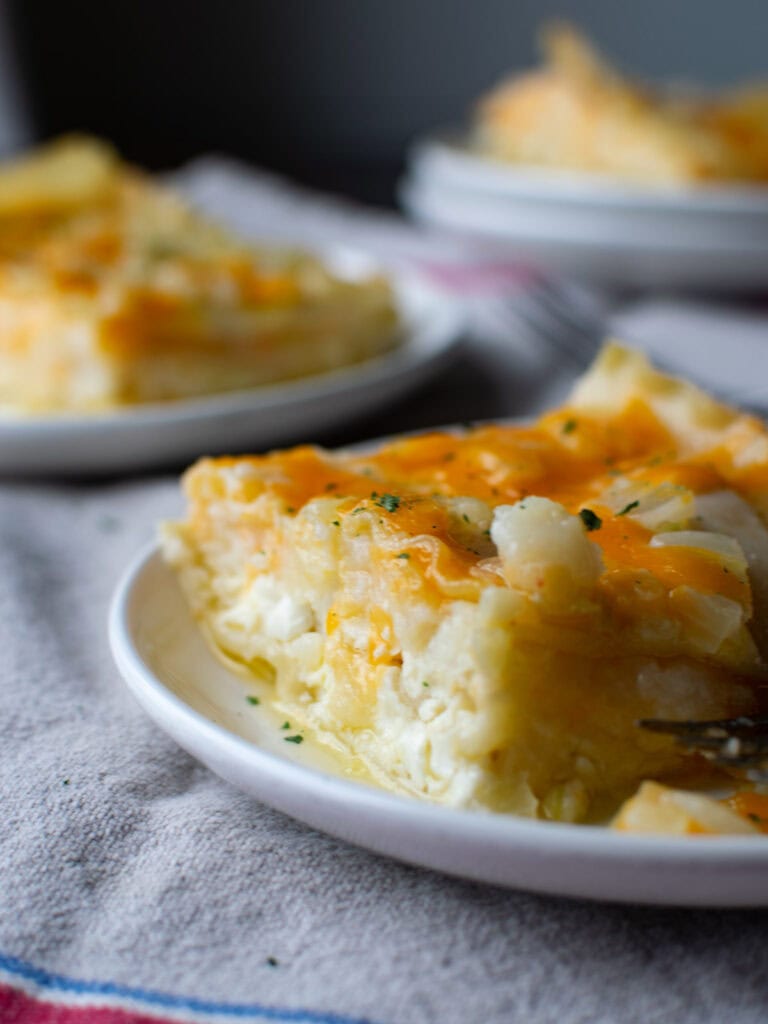 A slice of perogy casserole that features layers of lasagne noodles, cottage cheese, mashed potatoes and cheddar cheese.