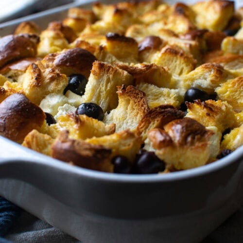 Blueberry French toast casserole baked until edges are golden brown.