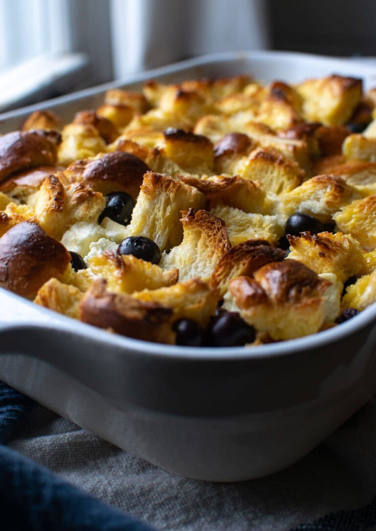 Blueberry French toast casserole baked until edges are golden brown.