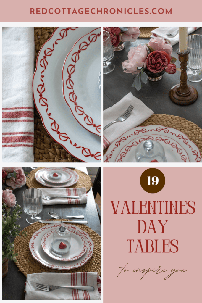 A photo collage showing 3 views of a dinner table set for Valentine's Day.