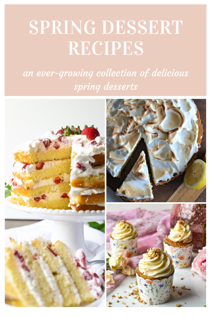 A collage photo showing a strawberry lake cake, a lemon meringue pie and a hummingbird cupcake.