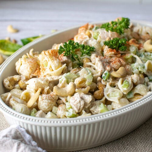 Cashew Chicken Pasta Salad in a serving bowl.