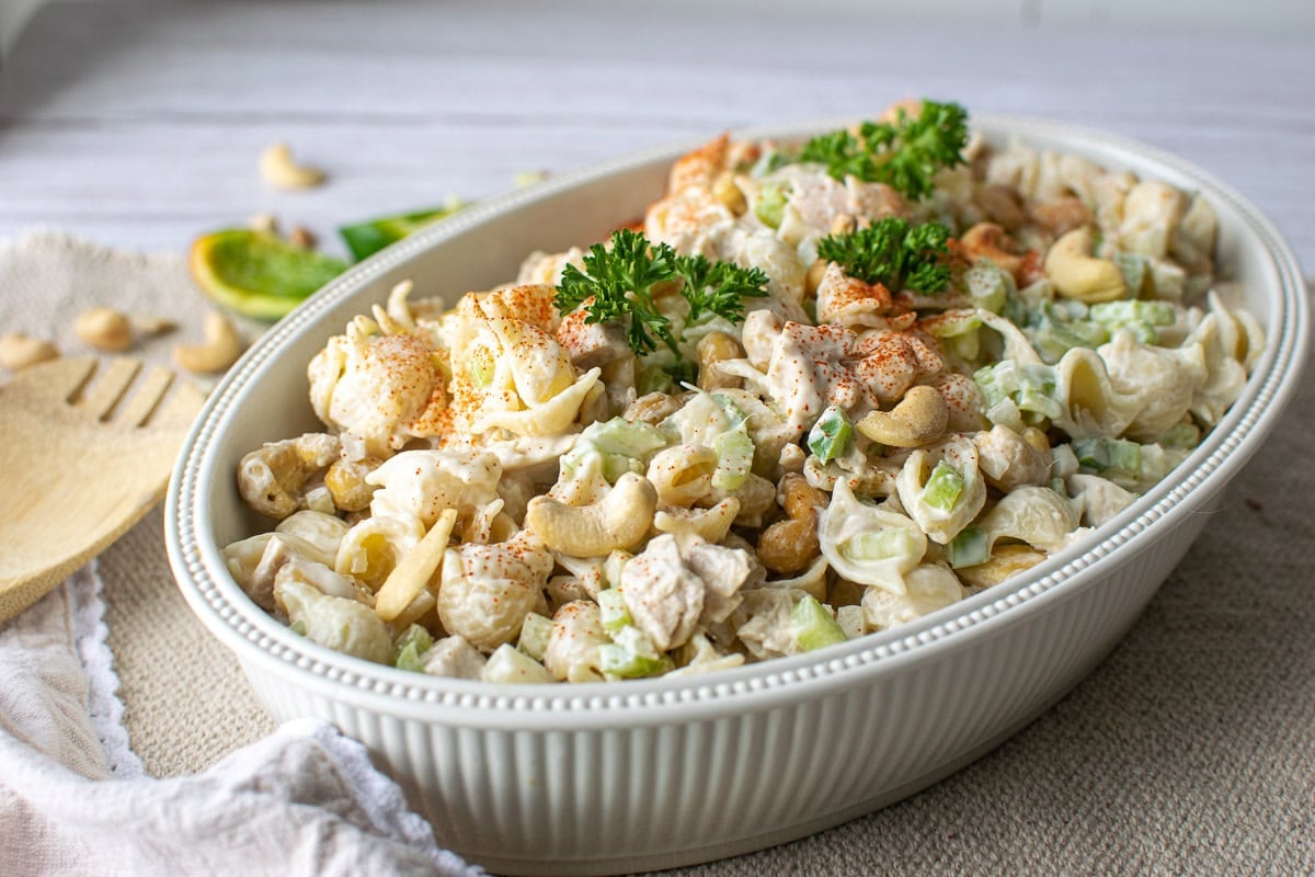 Cashew Chicken Pasta Salad in a serving bowl.