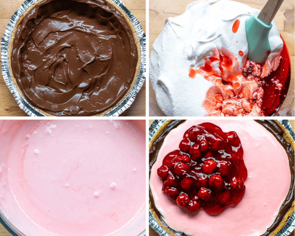 A photo collage with 4 photos each depicting the steps to make chocolate cherry pie using chocolate pudding, Cool Whip and cherry Jell-O, topped with cherry pie filling.
