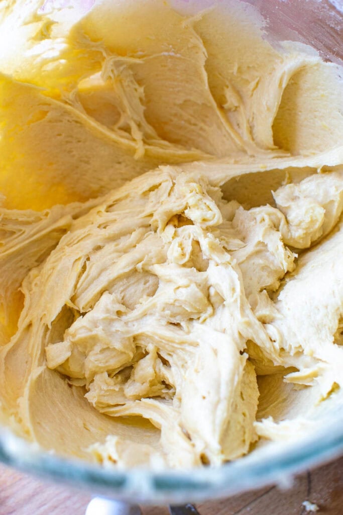 Completed batter to make an old-fashioned pound cake, still in the mixing bowl.