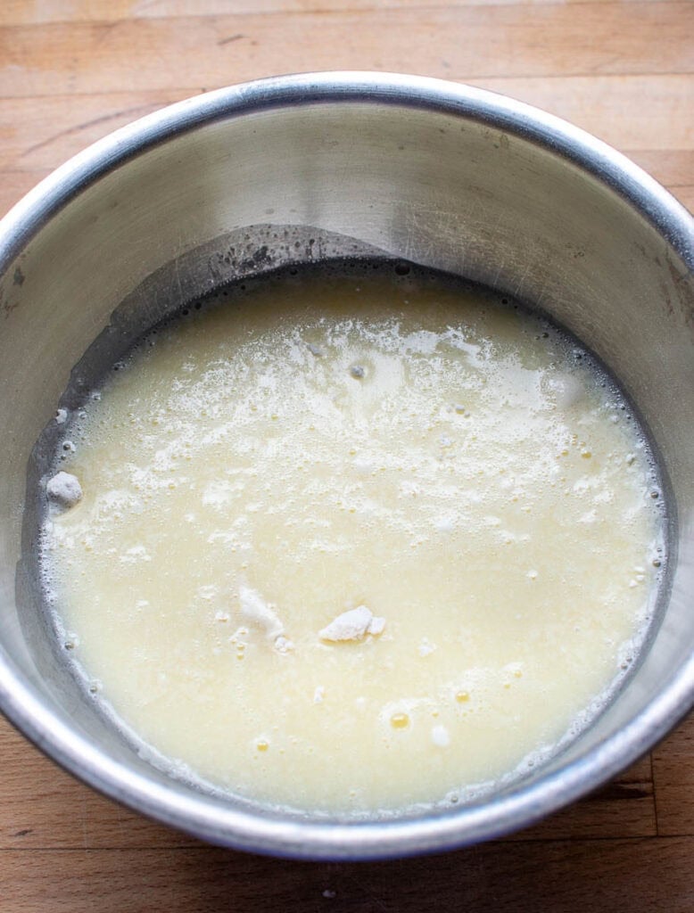 Egg, milk and vegetable oil whisked together and added to the dry muffin ingredients before mixing.