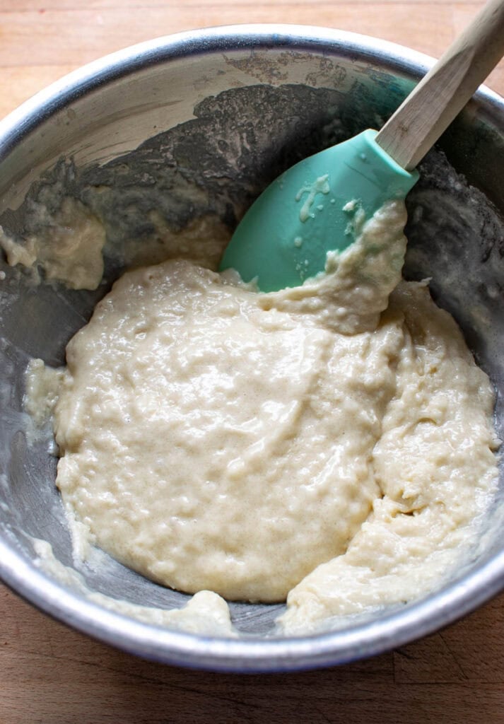 Batter, the base to make strawberry muffins in a mixing bowl.