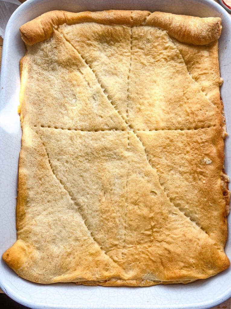 Sloppy Joe crescent roll casserole cooked until golden brown.