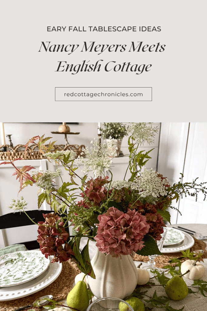 Pinterest Pin with an Image of an early autumn tablescape set in neutral creams and greens.