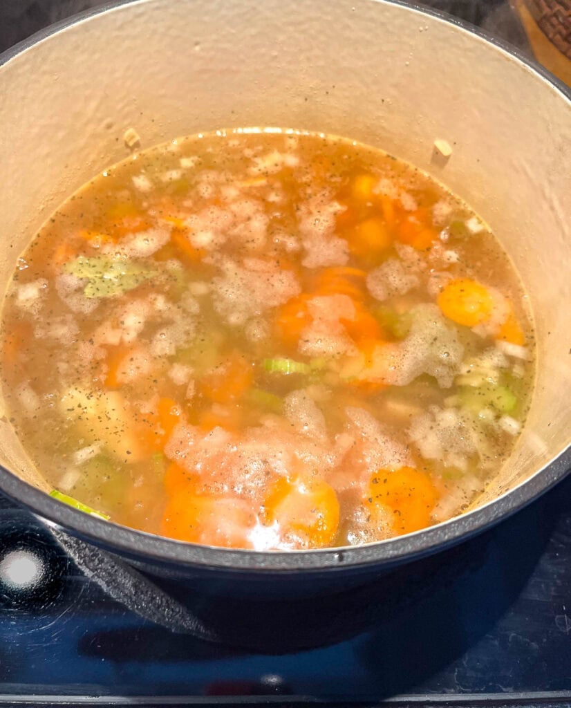Vegetable broth, sliced carrots, cubed potatoes added to cooked onions and celery in a dutch oven.