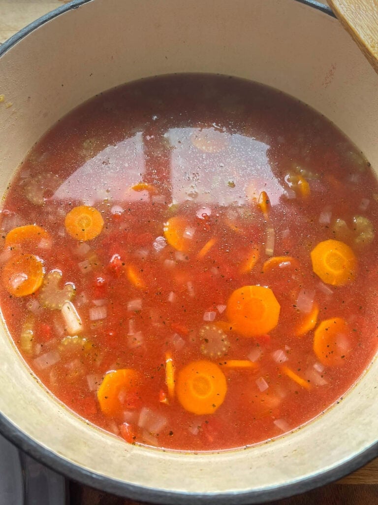 A can of diced tomatoes, undrained, added vegetable soup in a dutch oven on the stove top.