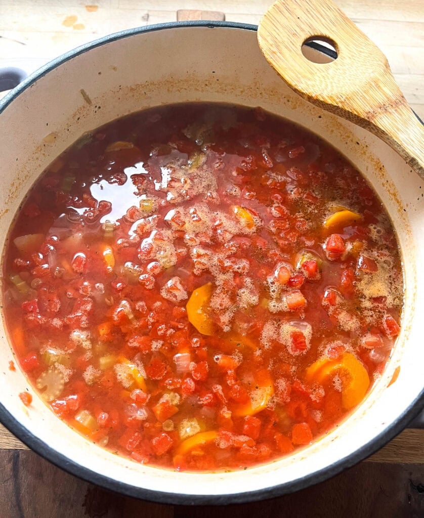 Freshly cooked Autumn soup with vegetables and lentils in a stock pot with a wooden spoon resting on the edge of the pot.