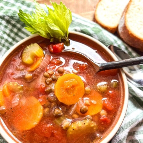 A close up of a bowl of Autumn soup with carrots, sliced celery, diced tomatoes, potatoes and lentils, garnished with a celery greens and slices of bread on the side.